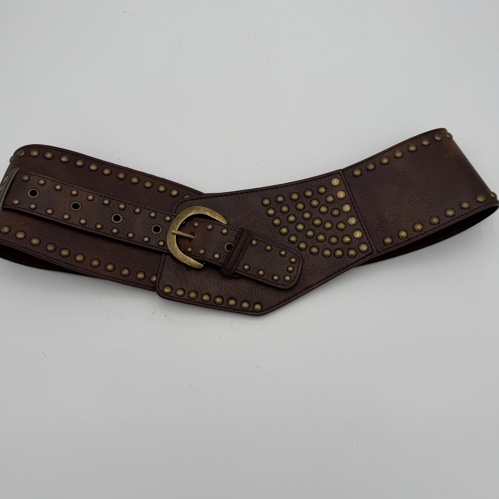 Womens Brown Faux Leather Studded Wide Cinch Waist Belt Brass Buckle XL NWOT